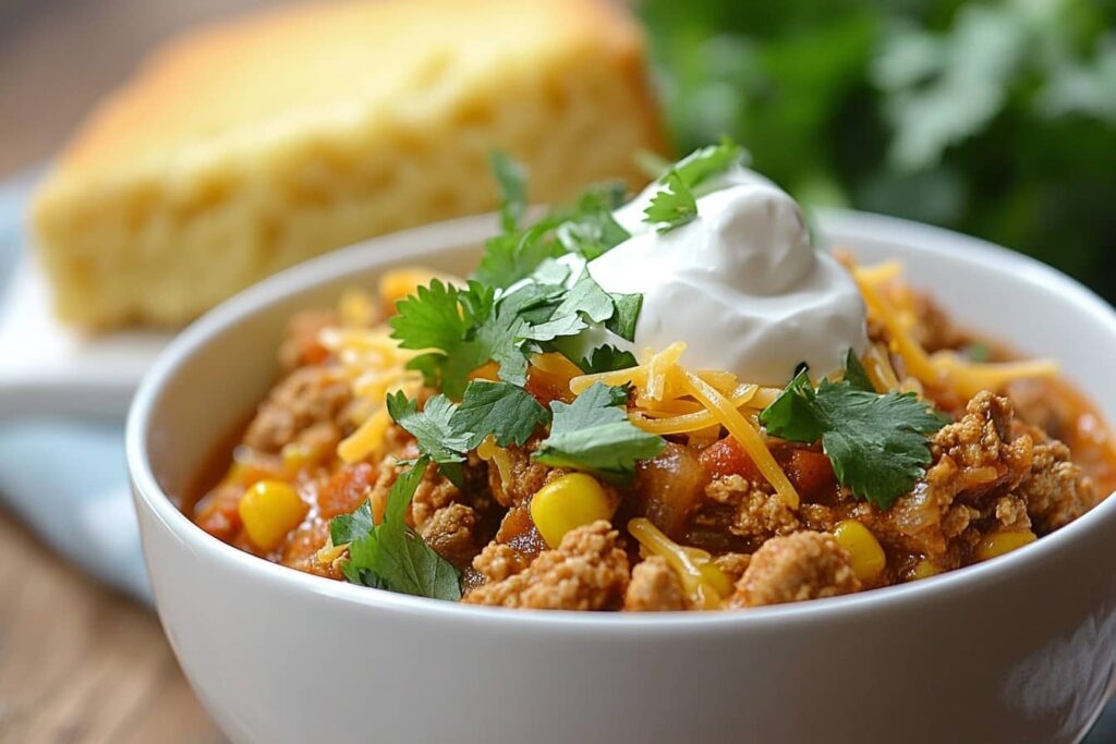 A hearty bowl of ground chicken chili topped with fresh cilantro, shredded cheese, and sour cream, served with cornbread on the side.