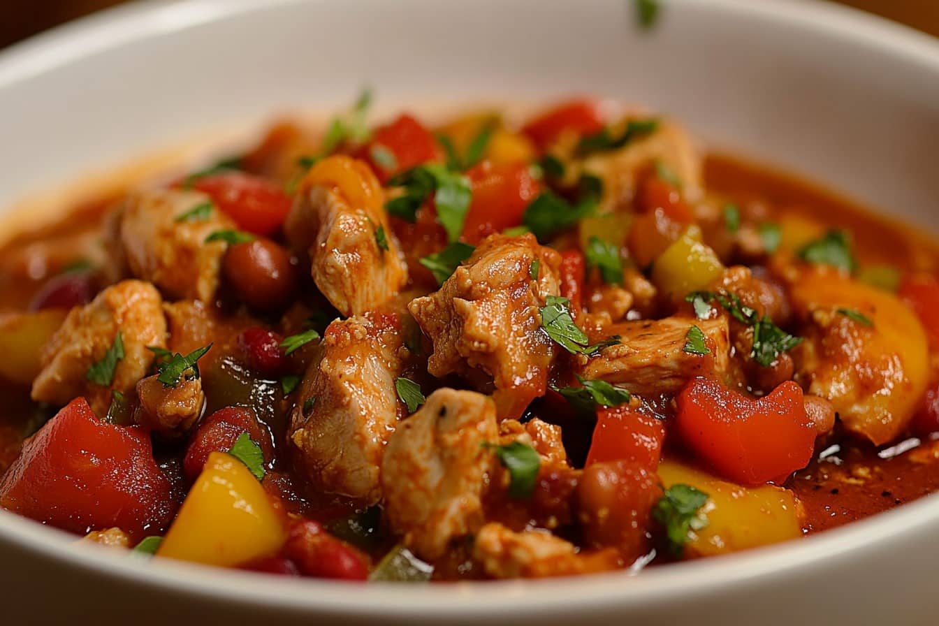 Close-up of a bowl of ground chicken chili featuring colorful bell peppers, kidney beans, and a rich tomato-based sauce.