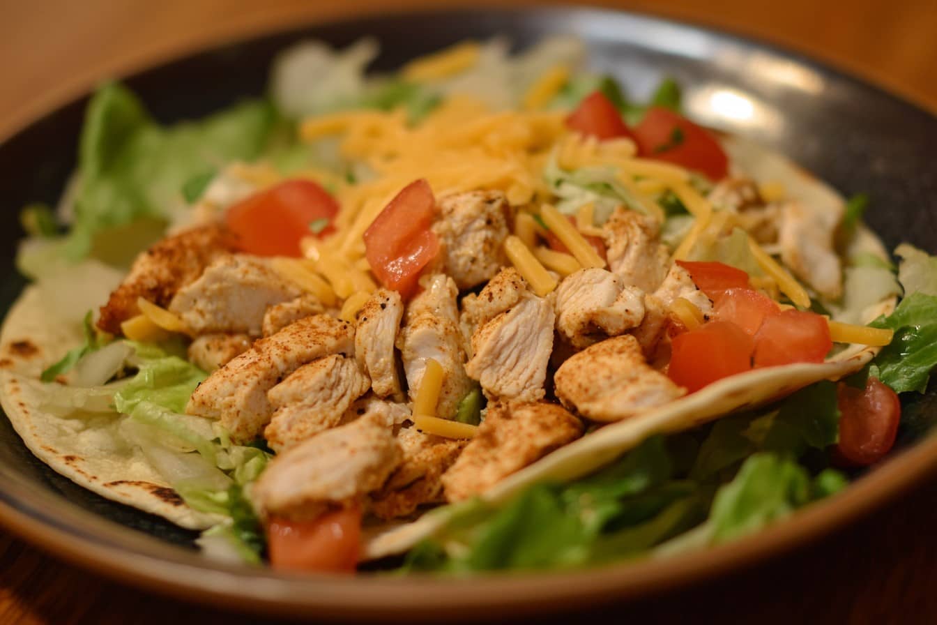 Delicious tacos made with seasoned ground chicken, fresh lettuce, diced tomatoes, and shredded cheese, showcasing a healthy beef alternative