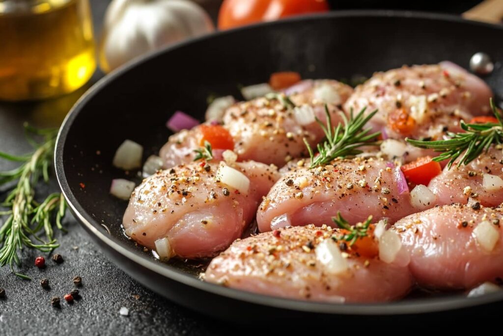 Ground Chicken Cooking In A Skillet With Garlic, Onions, And Spices