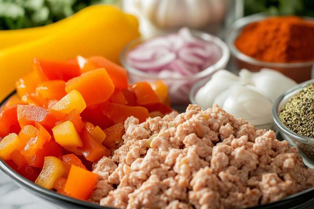 Close-up of fresh ingredients for ground chicken chili, including ground chicken, diced bell peppers, onions, garlic, and spices on a kitchen counter