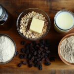 Flat lay of ingredients for caramelized oatmeal raisin muffins, including a bowl of oats, a pile of raisins, brown sugar, a stick of butter, a cracked egg, a glass of milk, a jar of vanilla extract, a small dish of baking powder, and all-purpose flour, arranged neatly on a wooden surface with warm, natural lighting.