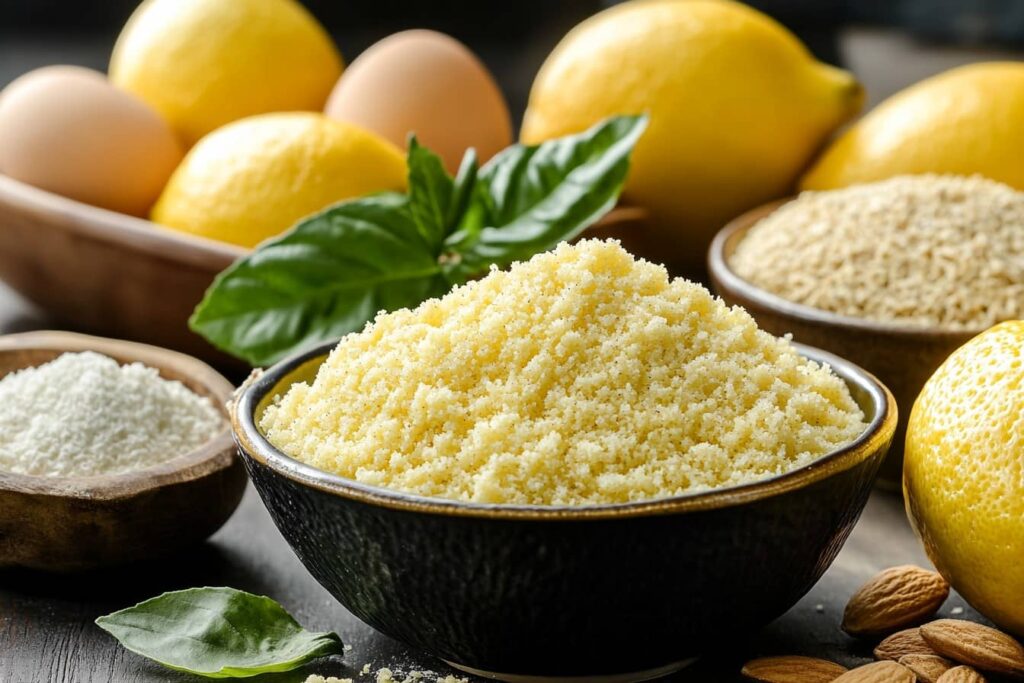 Key ingredients for keto lemon bread: fresh lemons, almond flour, coconut flour, eggs, and erythritol neatly displayed in bowls