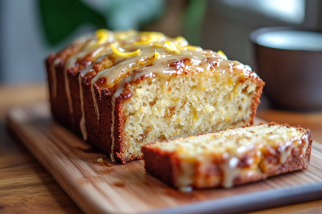 A moist and golden loaf of keto lemon bread topped with a glossy lemon glaze, sliced and served on a wooden cutting board