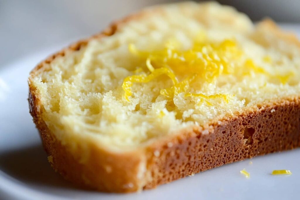 Close-up of a slice of keto lemon bread, highlighting its fluffy texture and vibrant lemon zest garnish