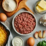 A variety of essential ingredients for a perfect keto meat pie, including ground beef, almond flour, eggs, shredded cheese, butter, heavy cream, garlic, onions, and seasonings, neatly arranged on a kitchen countertop.