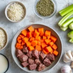 Fresh ingredients for Beef Barley Soup, including diced beef, pearl barley, chopped carrots, celery, onions, garlic, and seasonings, arranged on a rustic kitchen counter